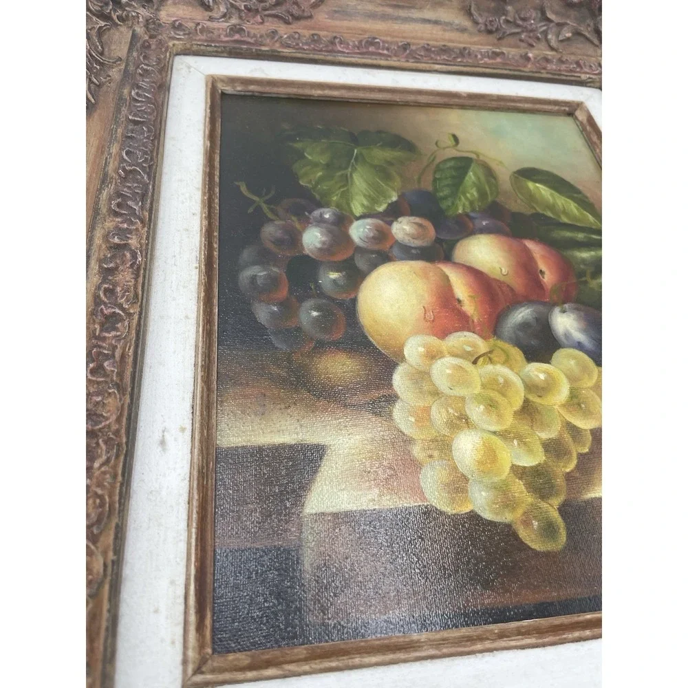 Vintage Still Life Fruit Oil‎ on Canvas Ornate Baroque Frame Signed 14 x 16